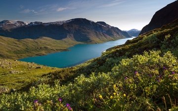 озеро, горы, норвегия, норвегии, besseggen, хребет бессегген, озеро гьенде