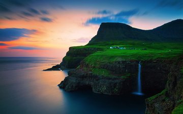 горы, закат, деревня, водопады, королевство дании, фарерские острова, v__ga, g__sadalur, дания