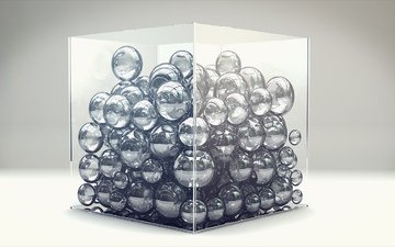 шары, стекло, куб, коробка, рендер