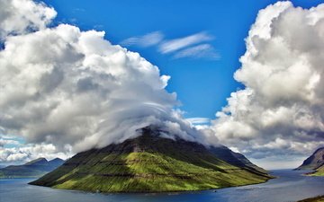 небо, облака, вода, природа, пейзаж, остров, фарерские острова, дания