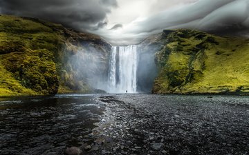 скалы, водопад, исландия, скогафосс, скоугафосс