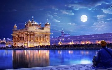 ночь, огни, река, город, человек, индия, the golden temple, punjab