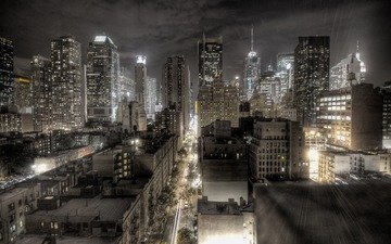 ночь, огни, города, вид сверху, город, небоскребы, мегаполис, нью-йорк, архитектура, здания, новый, йорк