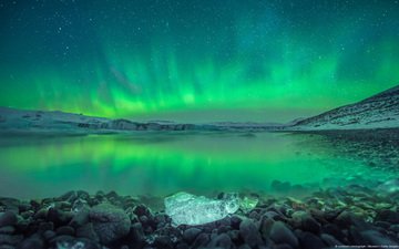 исландия, полярное сияние, над ёкюльсаурлоуном