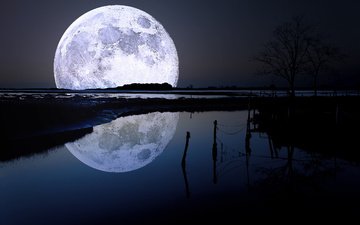 небо, вода, природа, отражение, луна, ночные пейзажи