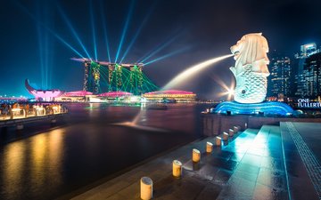 ночь, блики, сингапур, marina bay sands, мерлион, марина бей