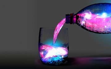 вода, стакан, бутылка, космическая, абстрактрая вода, разноцветная жидкость льется в бокал