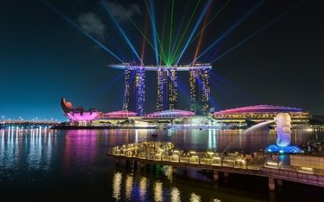 ночь, огни, блики, лазерное шоу, сингапур, marina bay sands, мерлион, марина бей