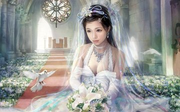 арт, рисунок, девушка, птица, букет, свадьба, лилии, невеста, свадебное платье, белый голубь