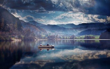 небо, облака, озеро, отражение, швейцария, лодка, рыбаки, озеро тюрлерзее