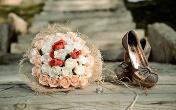 цветы, розы, букет, туфли, свадебный