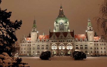 снег, зима, фото, город, дома, ель, здание, здания, германия, rathaus-hannover, ратуша