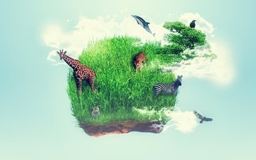 тема, рисунок зеленой планеты земля, с изображениями, животных. эко, сейчас, в моде.