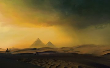 песок, пустыня, египет, верблюды, пирамиды