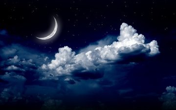 небо, облака, ночь, звезды, луна