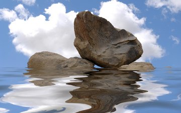 вода, отражение, скала, камень, рябь