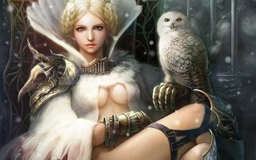 арт, сова, девушка, птица, грудь, перья, трон, legend of cryptids