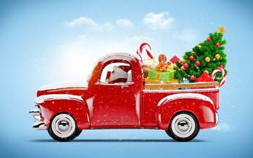 елка, украшения, машина, красная, подарки, дед мороз
