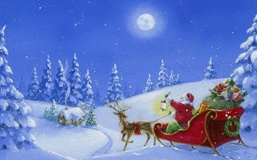 рисунок, снег, зима, подарки, сани, дед мороз, елки, рождество