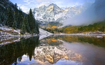 озеро, горы, снег, природа, лес, зима, отражение, пейзаж