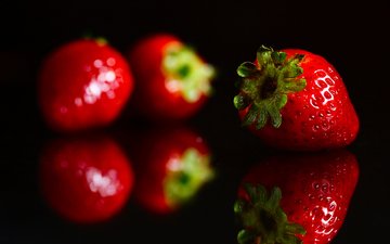 отражение, красная, клубника, черный фон, ягоды