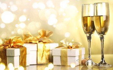 новый год, подарки, лента, праздник, рождество, шампанское, коробки