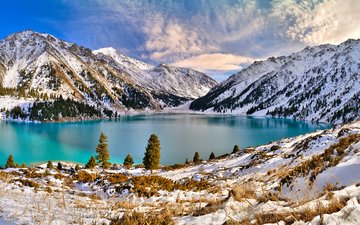 озеро, горы, снег, природа, зима, голубая вода