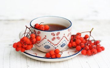 осень, блюдце, ягоды, чашка, чай, рябина