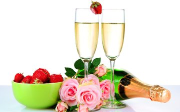 розы, клубника, шампанское, фужеры