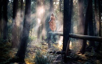 лес, девушка, настроение, платье, туман