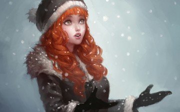 арт, рисунок, снег, девушка, снежинки, рыжеволосая
