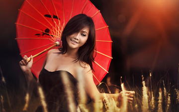 девушка, улыбка, красный, модель, зонт, зонтик, азиатка