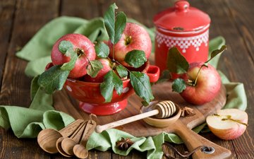 фрукты, яблоки, плоды, посуда, салфетка, натюрморт, разделочная доска