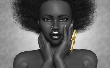 арт, девушка, портрет, взгляд, лицо, пирсинг, темнокожая, 3д, африканка