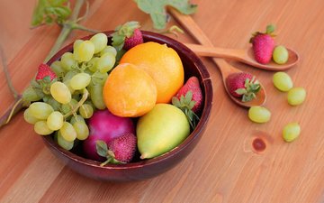 листья, виноград, фрукты, клубника, ягоды, апельсин, груша, ложки