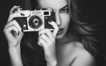 девушка, портрет, фотоаппарат
