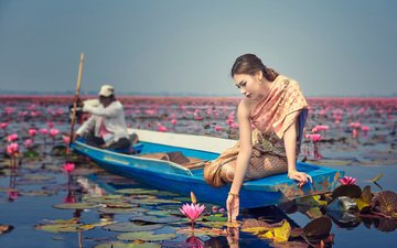 цветы, озеро, девушка, настроение, лодка, профиль, азиатка, лотосы
