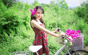 цветы, девушка, азиатка, велосипед
