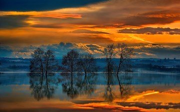 деревья, вечер, озеро, закат, отражение