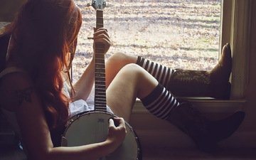 девушка, музыка, модель, ножки, волосы, руки, музыкальный инструмент, сидя, банджо