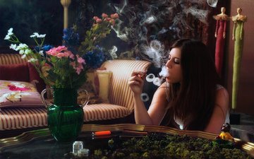 цветы, девушка, дым, стол, курит, ваза