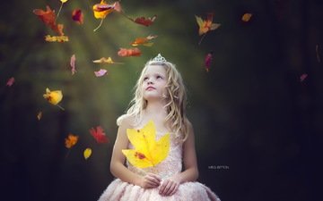 листья, настроение, осень, дети, девочка