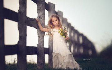 цветы, настроение, платье, забор, дети, девочка