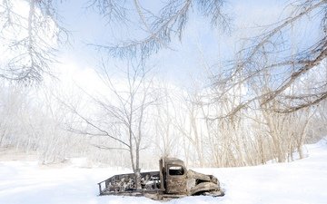 деревья, снег, зима, машина, сугробы, грузовик