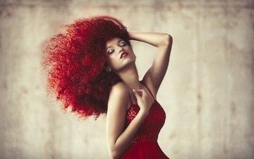 девушка, платье, красные, волосы, красное