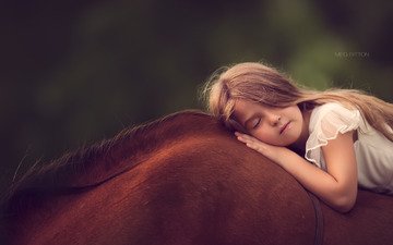 лошадь, сон, дети, девочка, отдых, ребенок, конь, закрытые глаза