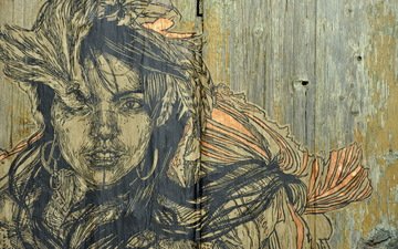 рисунок, дерево, девушка, портрет, взгляд, забор, лицо, деревянная поверхность
