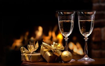 новый год, подарки, праздник, шампанское, фужеры