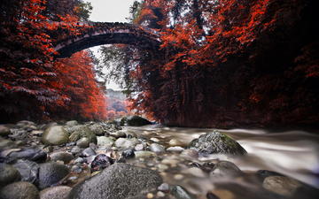 река, природа, камни, мост, осень