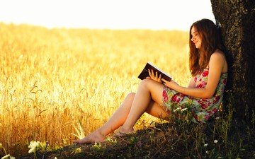 дерево, девушка, поле, пшеница, книга